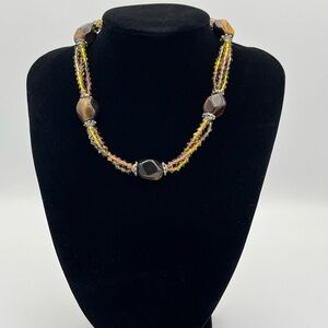 Artisan Tiger’s Eye Necklace with Twisted Amber Beads and silver accents